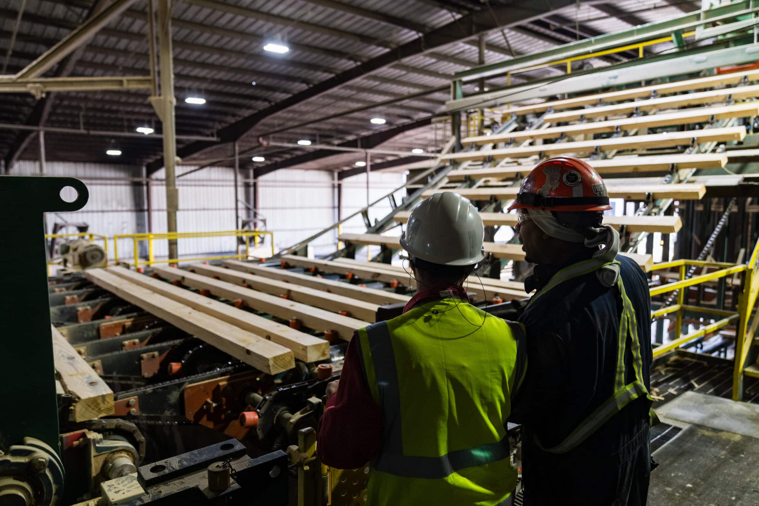 Two employees inspecting lumber